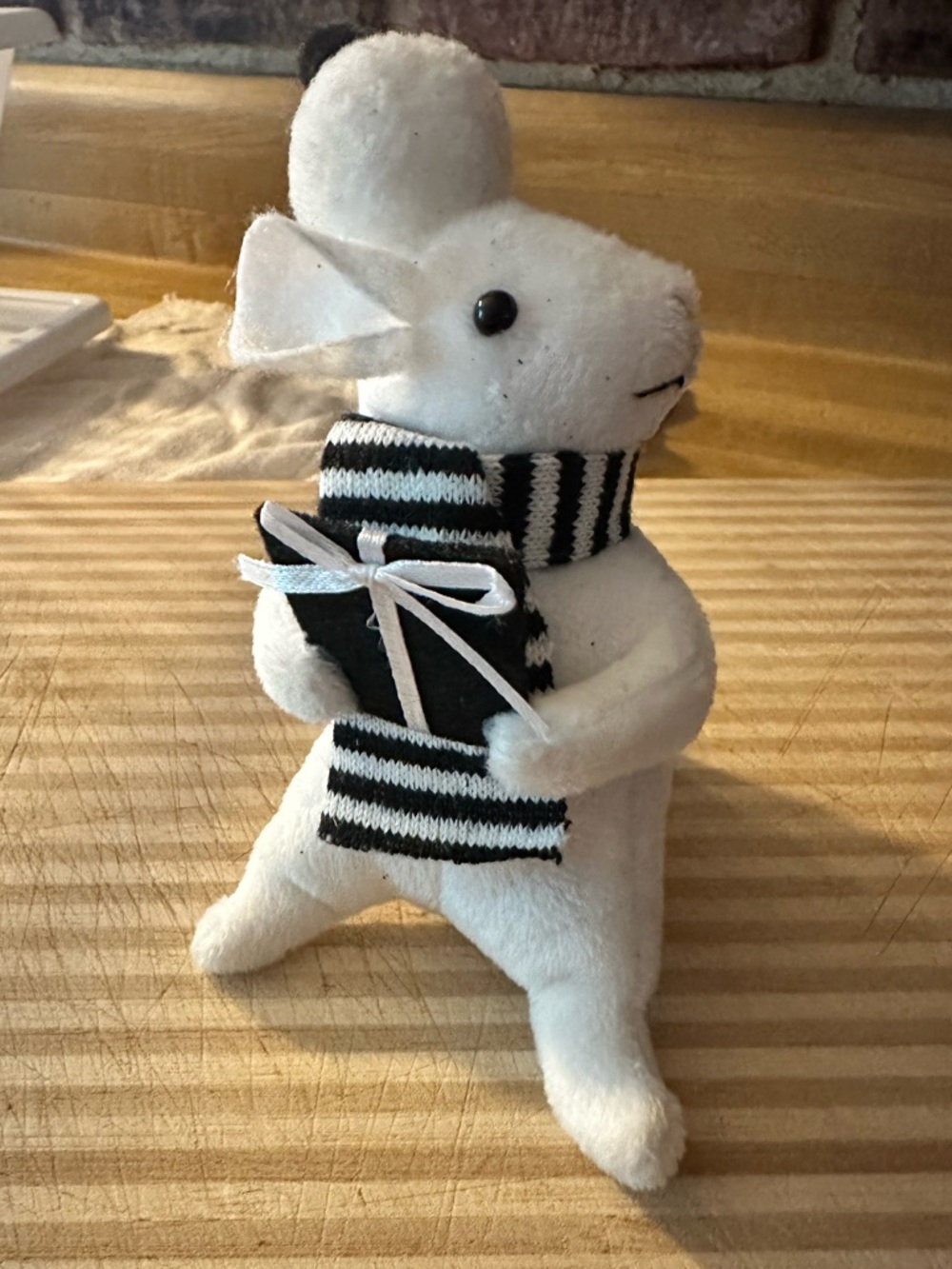 White Plush Mouse with Black-Striped Scarf and Gift - Small Pets Accessory